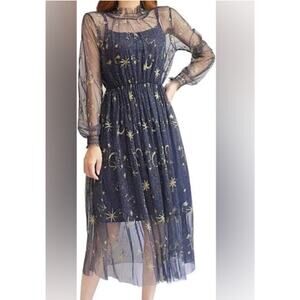 Youmu Whimsy Celestial Blue & Gold Mesh Long Sleeve Moc Neck Midi Dress Medium